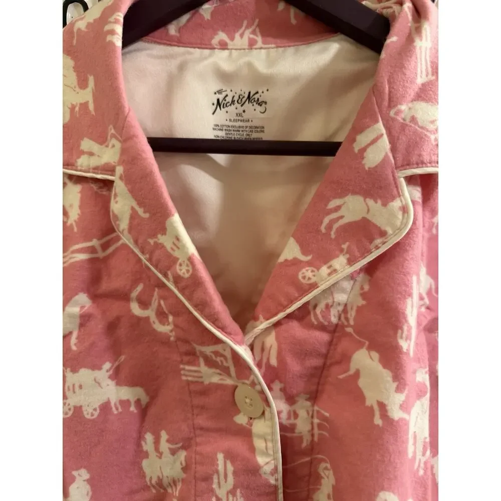 Nick and Nora Pink With Ivory Rodeo Round Up 100% Cotton Flannel Pajama Set 2X - Picture 9 of 12
